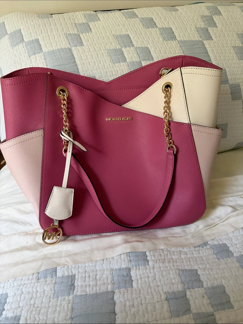 Michael Kors Fuchsia and Cream Colorblock Saffiano Leather Tote